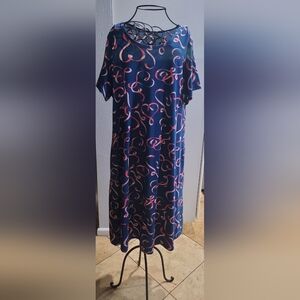 LuLaRoe Navy Blue Midi Dress with Pink Swirl Print